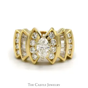 1.38cttw Marquise Cut Diamond Solitaire Ring with Channel Set Diamond Accents in 14k Yellow Gold