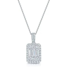 18ct White Gold Baguette And Round Brilliant Cut Diamond Halo Pendant With A Diamond Bale