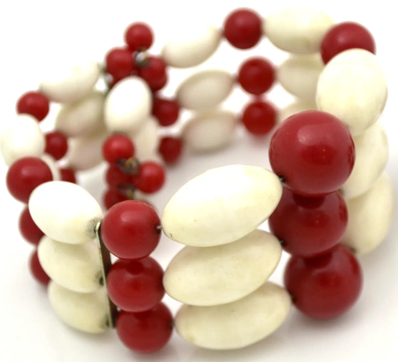 1950's Vintage Coil Bracelet & Earrings Set Red White Beads