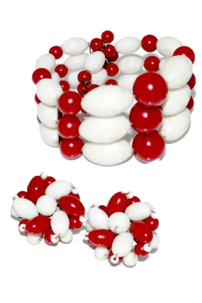 1950's Vintage Coil Bracelet & Earrings Set Red White Beads