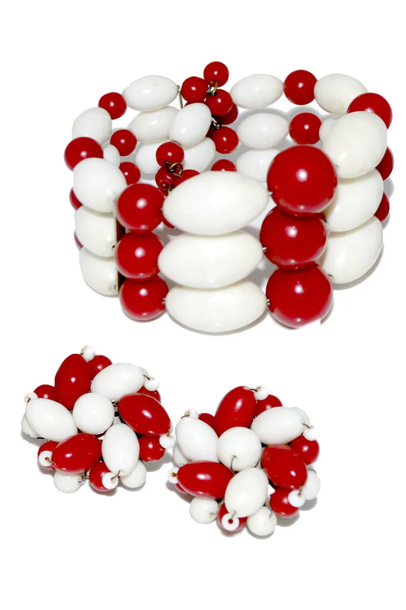 1950's Vintage Coil Bracelet & Earrings Set Red White Beads