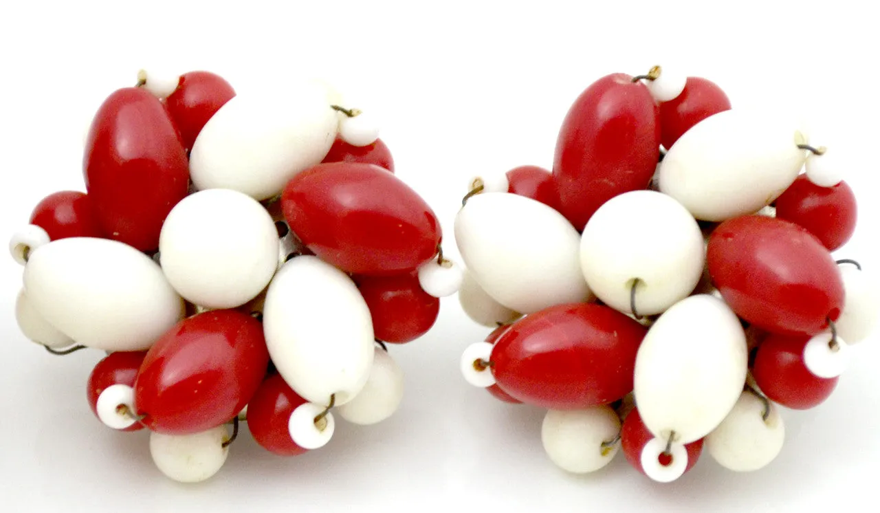 1950's Vintage Coil Bracelet & Earrings Set Red White Beads