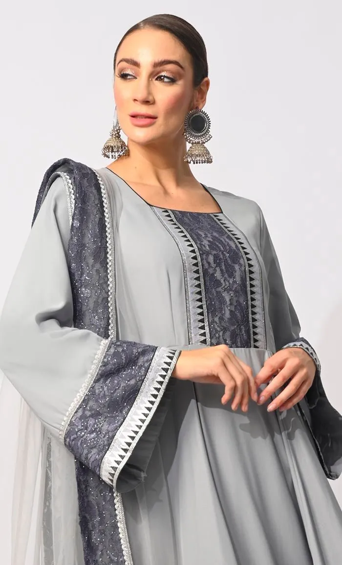 3 Pc Grey Anarkali Set with Intricate Foil Print and Lace Detailing - Final Sale