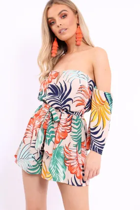 Apricot Leaf Print Bardot Playsuit - Ursula