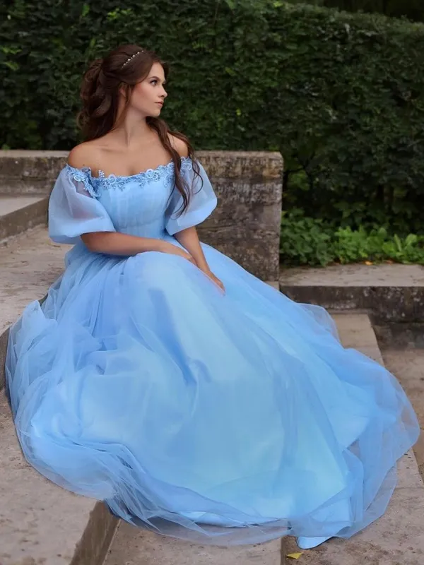 Baby Blue Princess Off-shoulder Floral Tulle A-line Long Prom Dress, PD3075