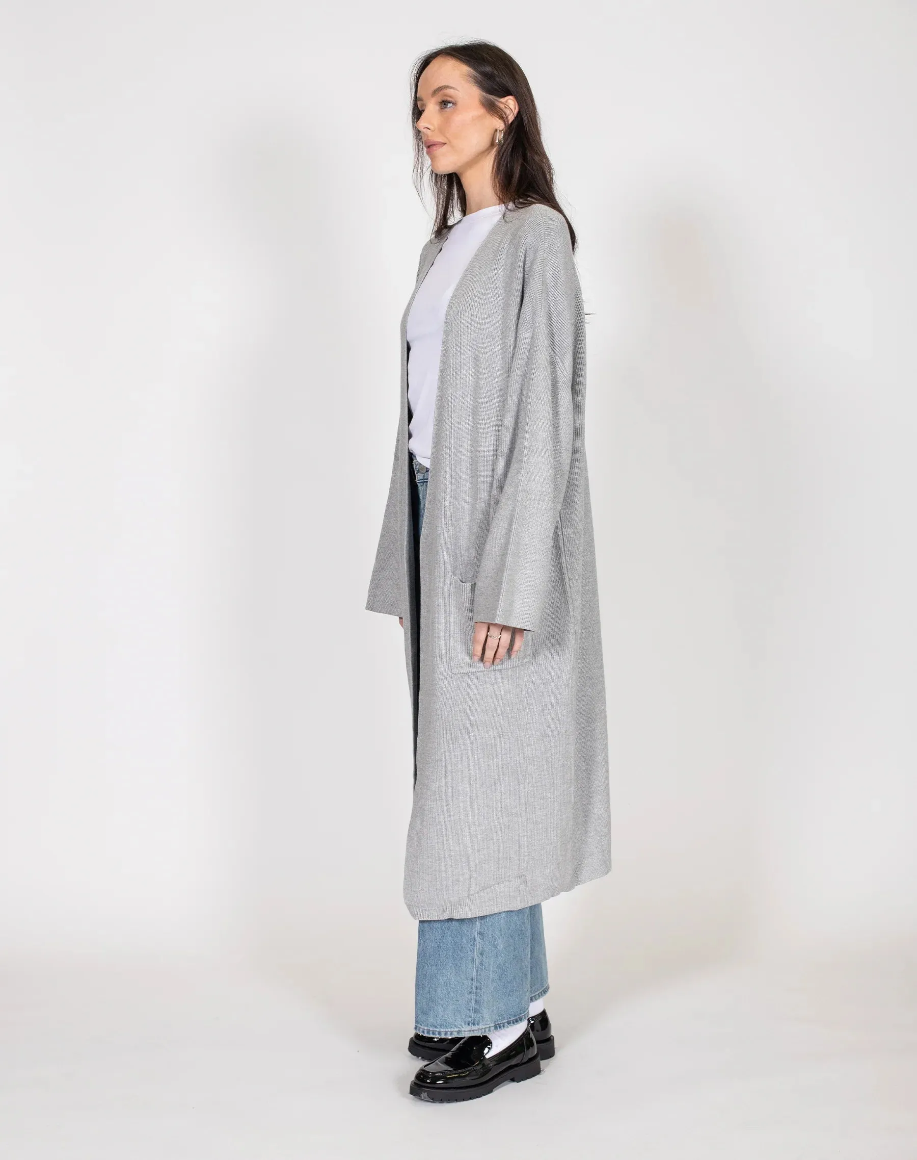 BRUNETTE THE LABEL MATILDA RIB KNIT OVERSIZED MAXI CARDIGAN - GREY