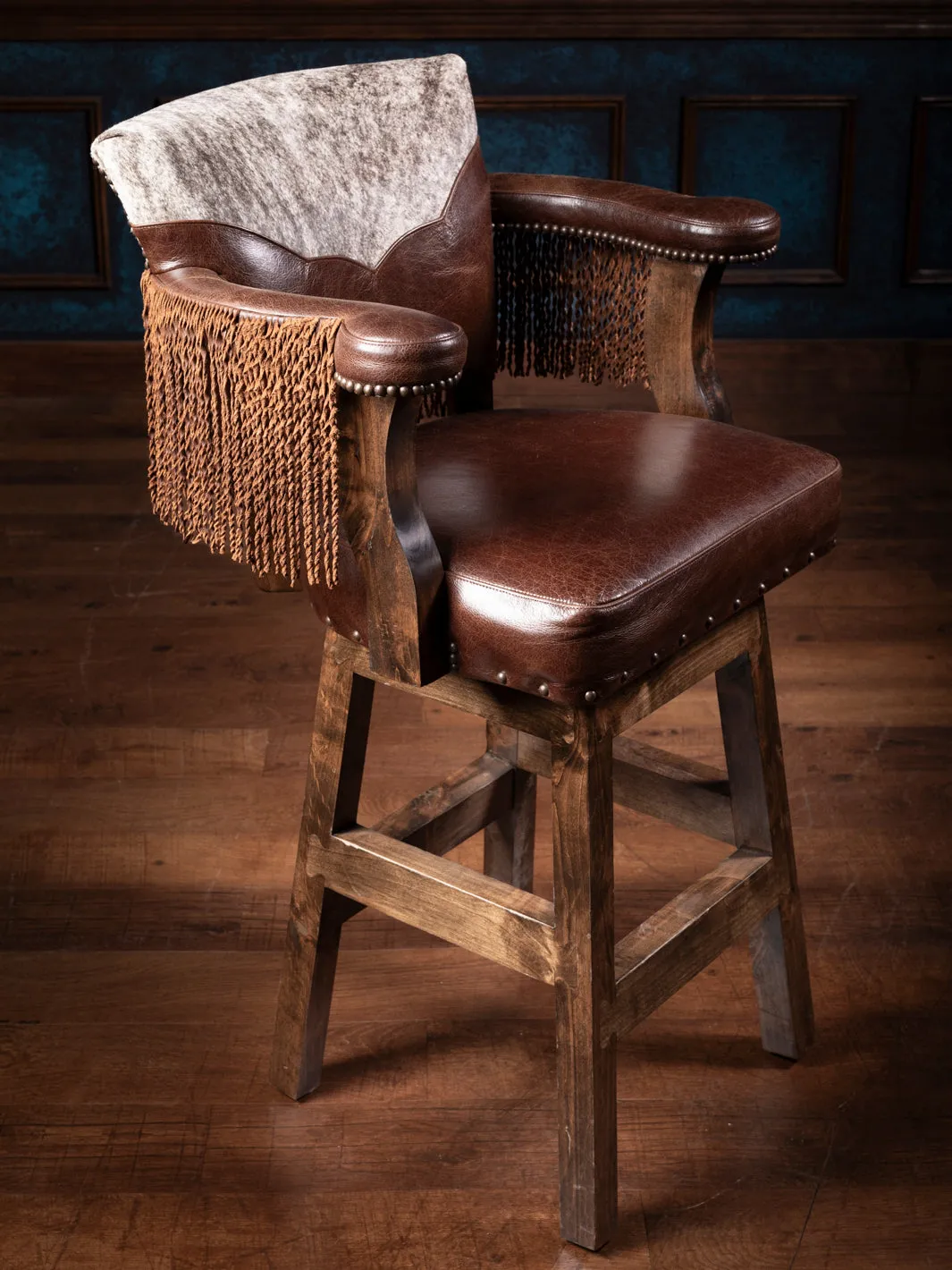 Dark Rum Fringe Leather Yoke Bar Stool