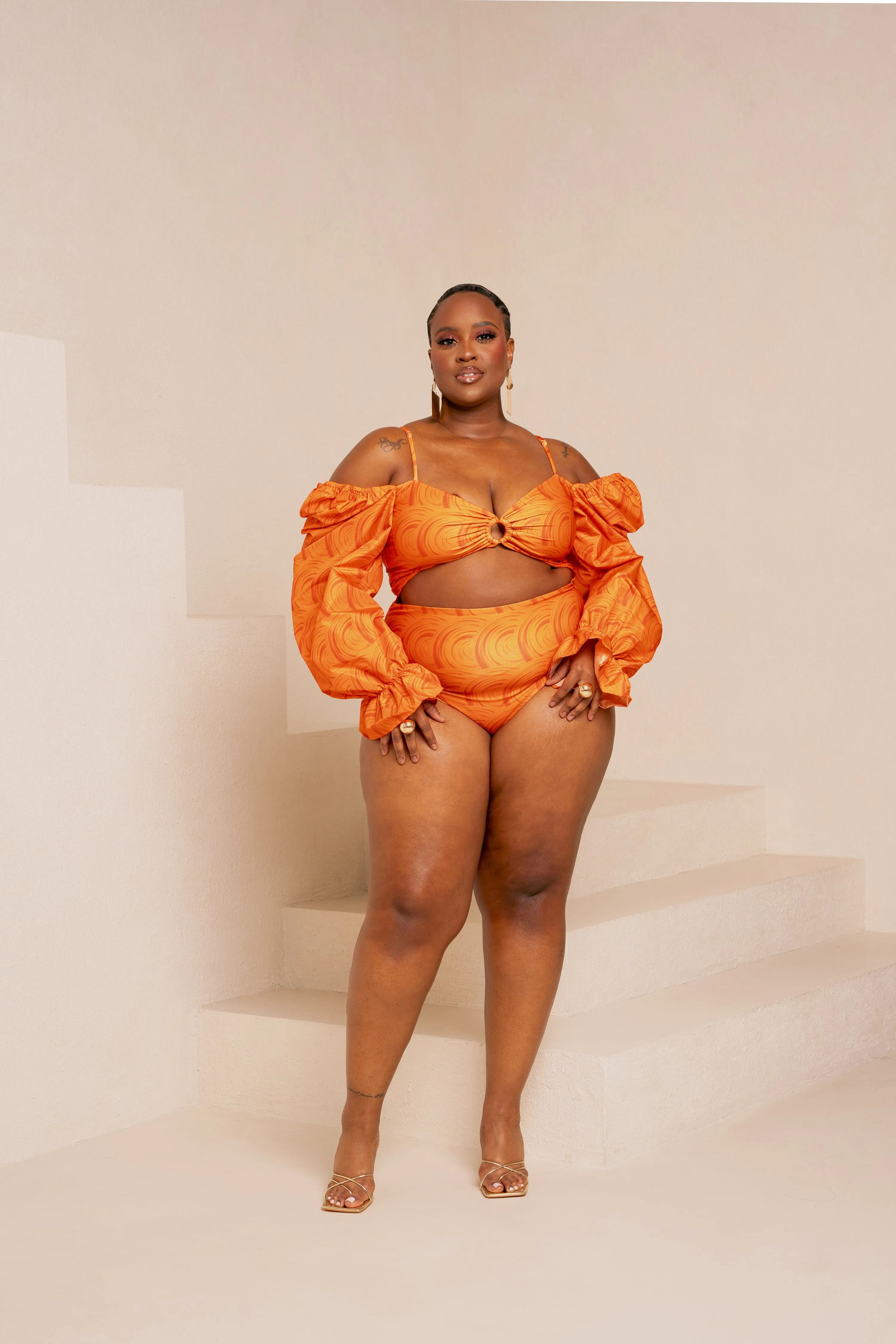 IZA ORANGE OFF SHOULDER PUFFY SLEEVE SWIMSUIT