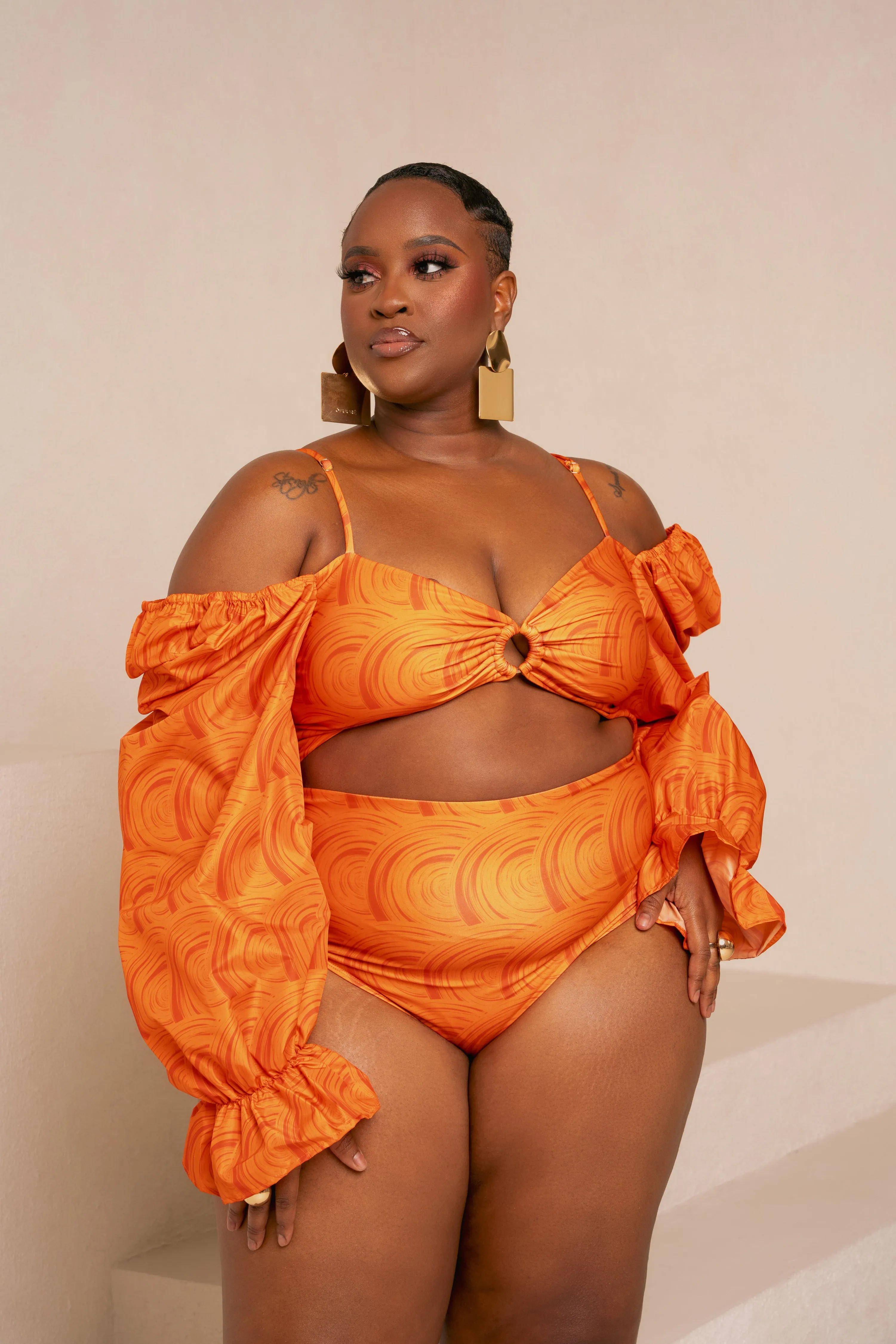 IZA ORANGE OFF SHOULDER PUFFY SLEEVE SWIMSUIT