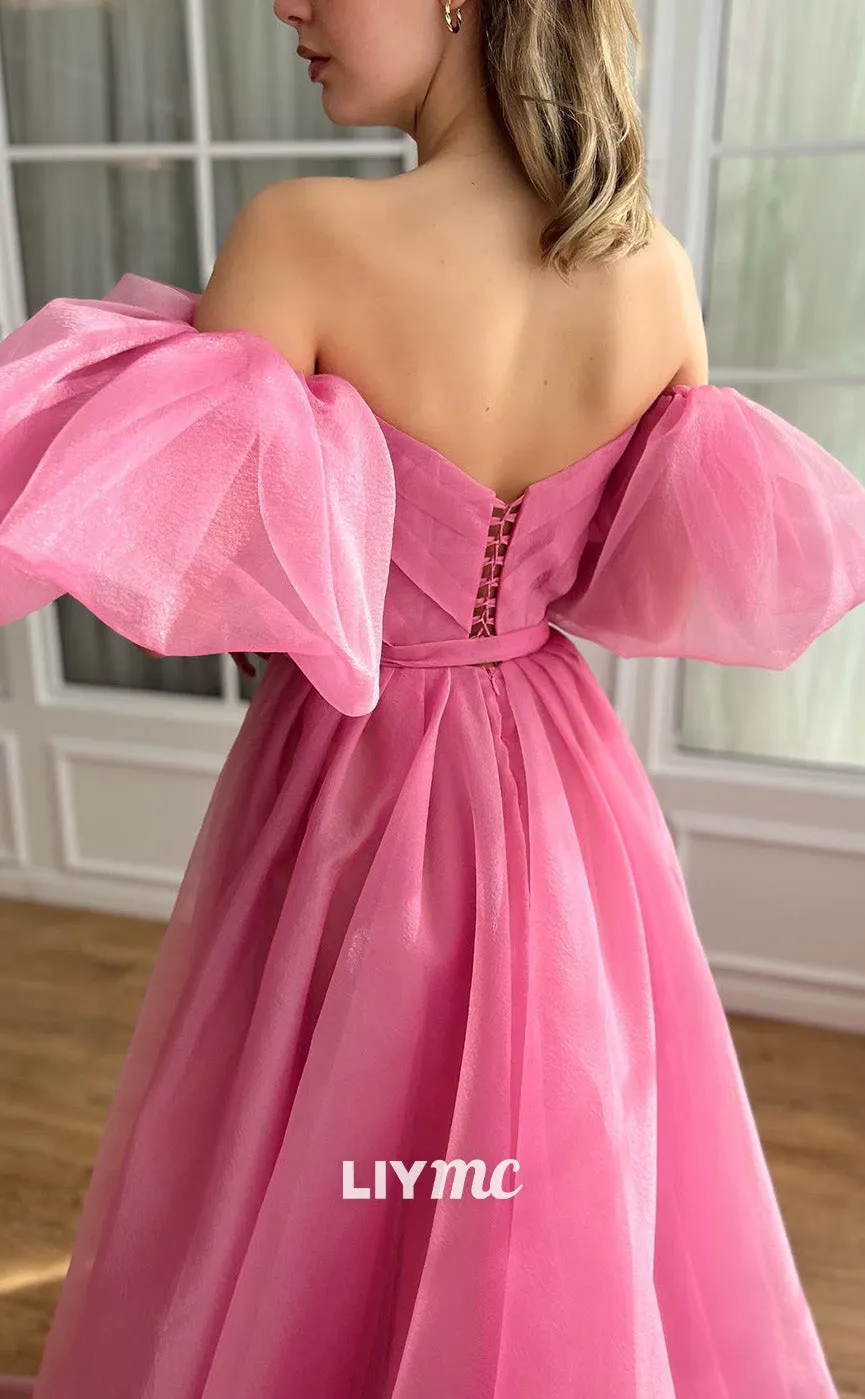 LP1782 - Off Shoulder Puff Sleeves A-Line Pleated Tulle Ball Gown Prom Dress