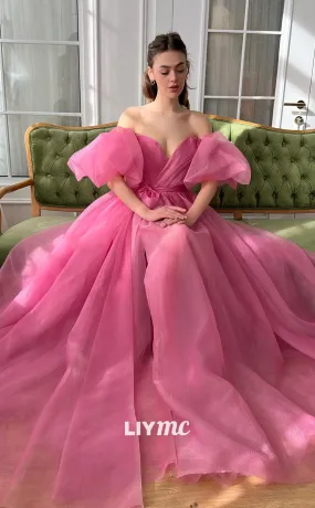 LP1782 - Off Shoulder Puff Sleeves A-Line Pleated Tulle Ball Gown Prom Dress