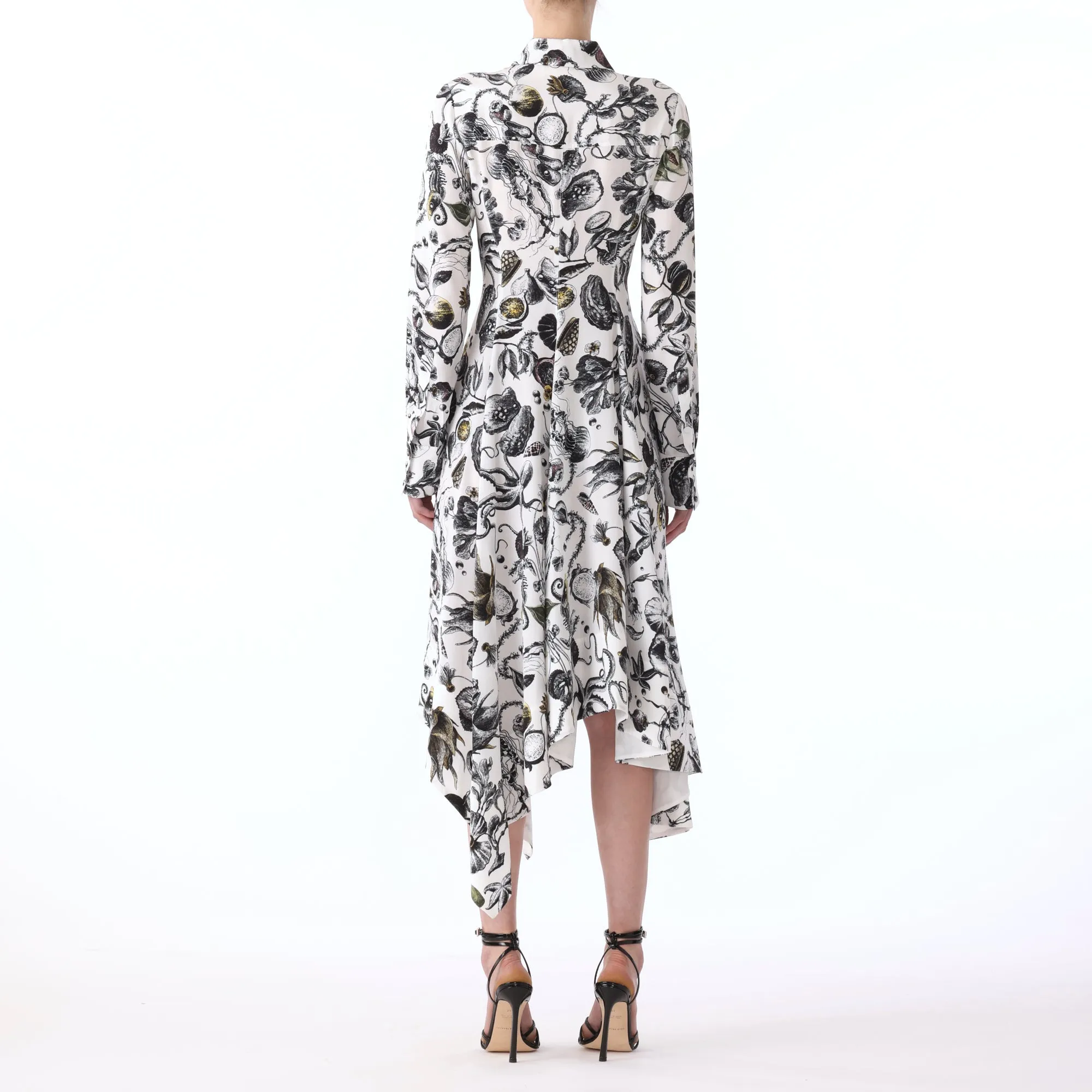 MARINE PRINT ASYMMETRIC L/S SILK CDC DRESS