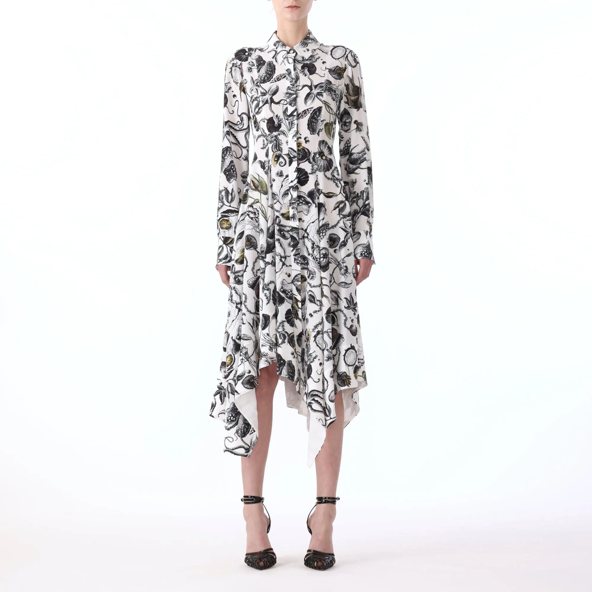 MARINE PRINT ASYMMETRIC L/S SILK CDC DRESS