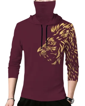 Men Printed Hooded Neck Cotton Blend Maroon T-Shirt