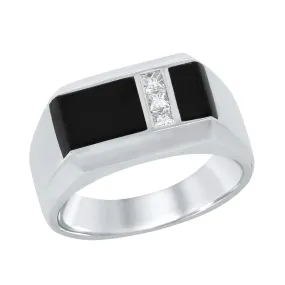 MEN'S WHITE GOLD RING WITH BLACK AGATE AND PRINCESS CUT DIAMONDS, .19 CT TW