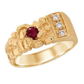 MEN'S YELLOW GOLD NUGGET FASHION RING WITH RUBY AND DIAMONDS, 1/10 CT TW