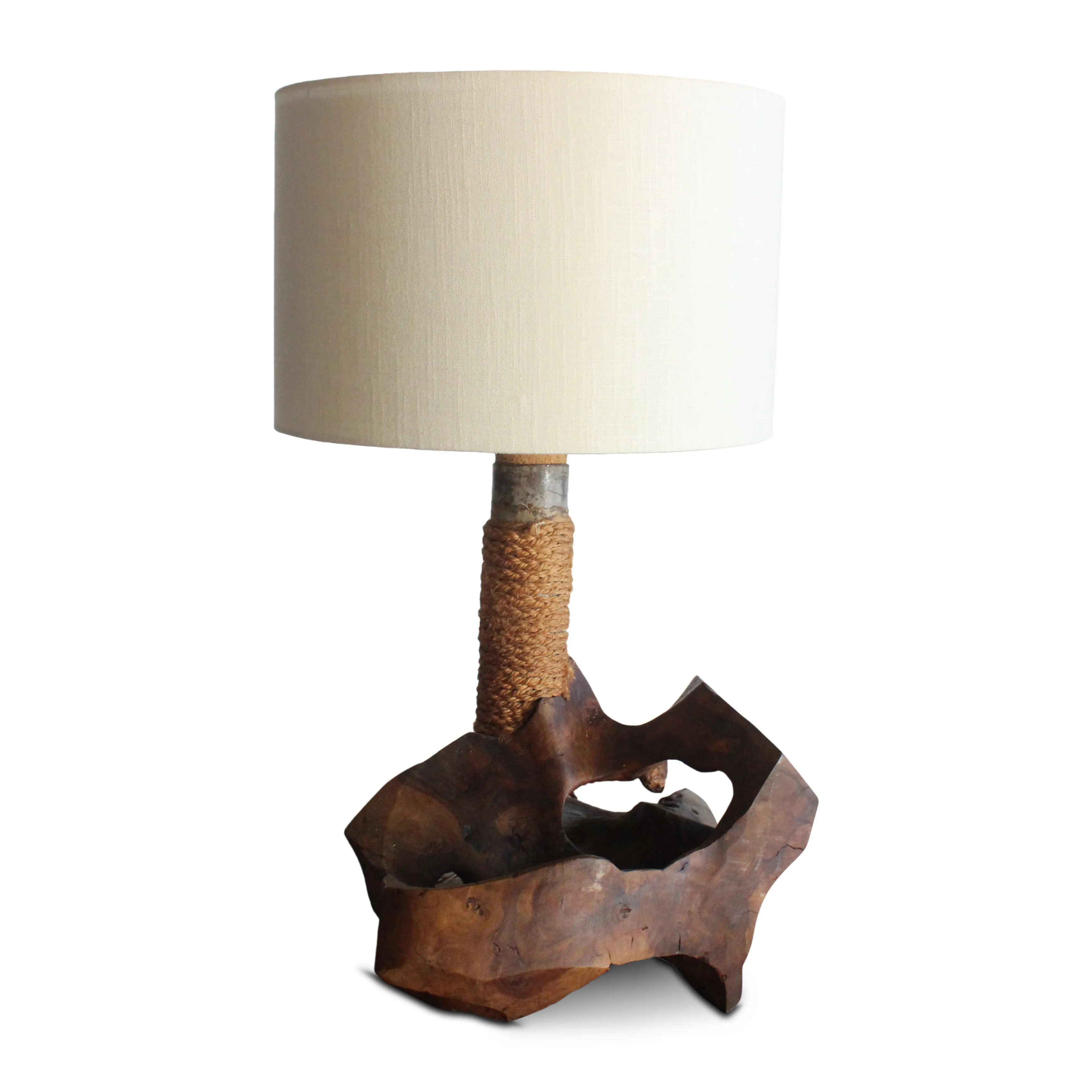 Olive Wood and Rope Studio Made Table Lamp, France, 1960s