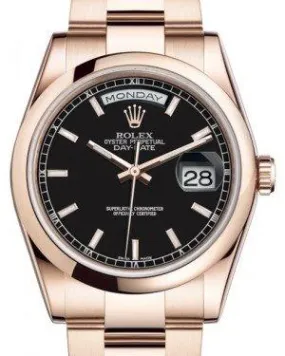 Rolex Day-Date 36 Rose Gold Black Index Dial & Smooth Domed Bezel Oyster Bracelet 118205