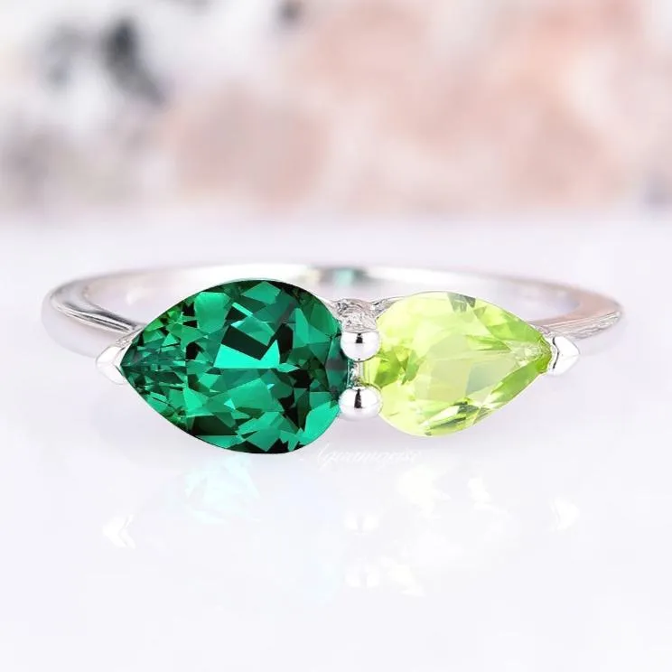 'Toi Et Moi' Pear Cut Peridot & Emerald Ring- Sterling Silver